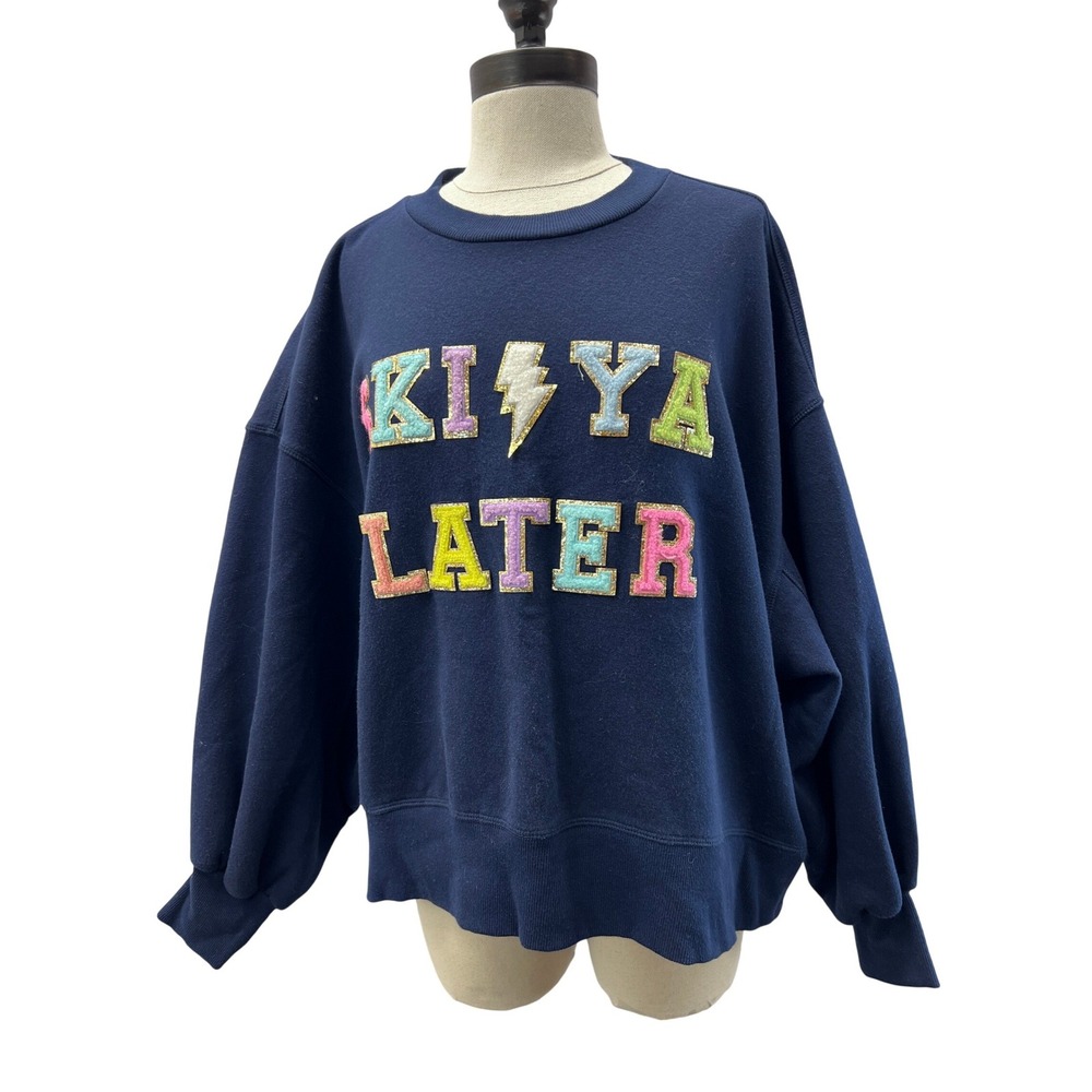 Judith March Sweatshirt Womens Medium Navy Excellent Ski Ya Later Glitter Puff